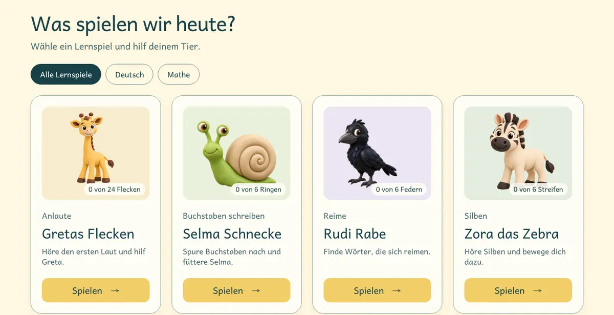 Startbildschirm von Anlaut-Abenteuer mit den Spielen von Greta Giraffe, Selma Schnecke, Rudi Rabe und Zora Zebra