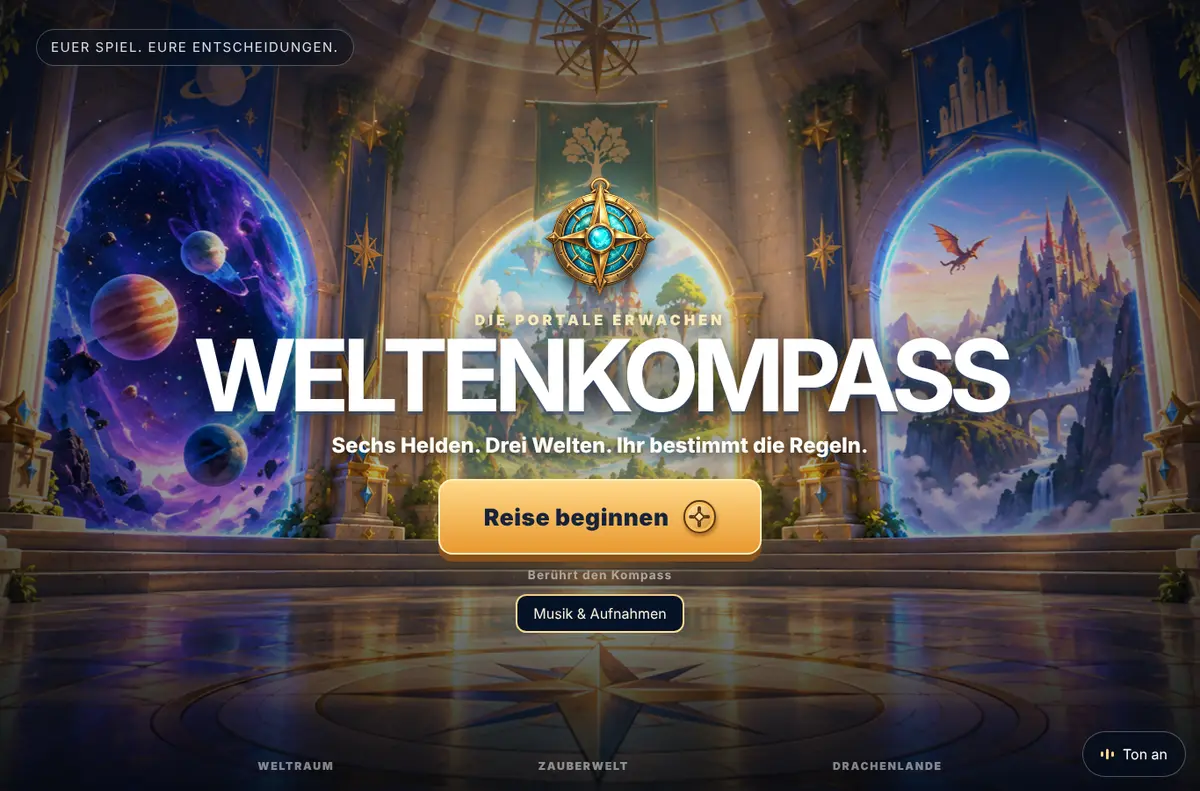 Startbildschirm von Weltenkompass: eine Halle mit drei Portalen in Weltraum, Zauberwelt und Drachenlande